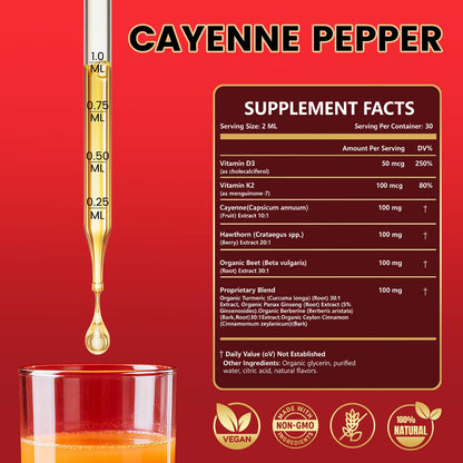 Cayenne Pepper Drops Supplement Liquid with Hawthorn Berry, Vitamin D3 K2, Turmeric Curcumin, Beet Root, Ceylon Cinnamon Vegan- Friendly - 60ml - Maple Wellness Supplements