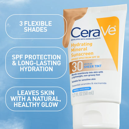 CeraVe Hydrating Mineral Sunscreen SPF 30 with Sheer Tint, Tinted Mineral Sunscreen with Zinc Oxide & Titanium Dioxide - Maple Wellness Supplements