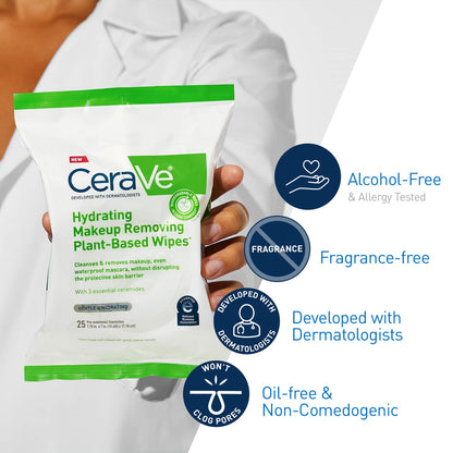 CeraVe Makeup Remover Wipes, Plant Based Face Wipes, Biodegradable in Compost, Waterless Face Wash, Travel Essentials for Women - Maple Wellness Supplements
