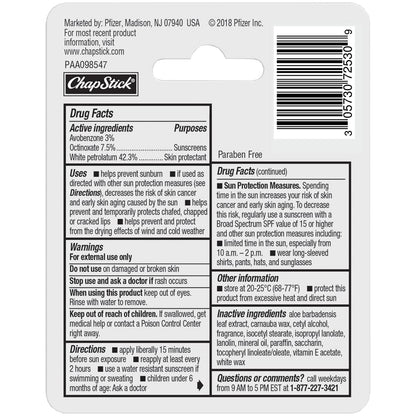 ChapStick Moisturizer Original Lip Balm Tubes, SPF 15 and Skin Protectant - 0.15 Oz (Pack of 3) - Maple Wellness Supplements