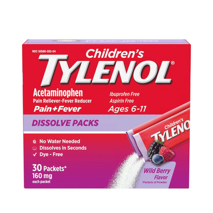 Children's Tylenol Dissolve Packs for Pain Relief, Fever Medication, 160 mg Acetaminophen, Dye Free, Kids' Powder Packets for Cold & Flu Symptom Relief; Wild Berry Flavor, 30 ct.; Pack of 1 - Maple Wellness Supplements