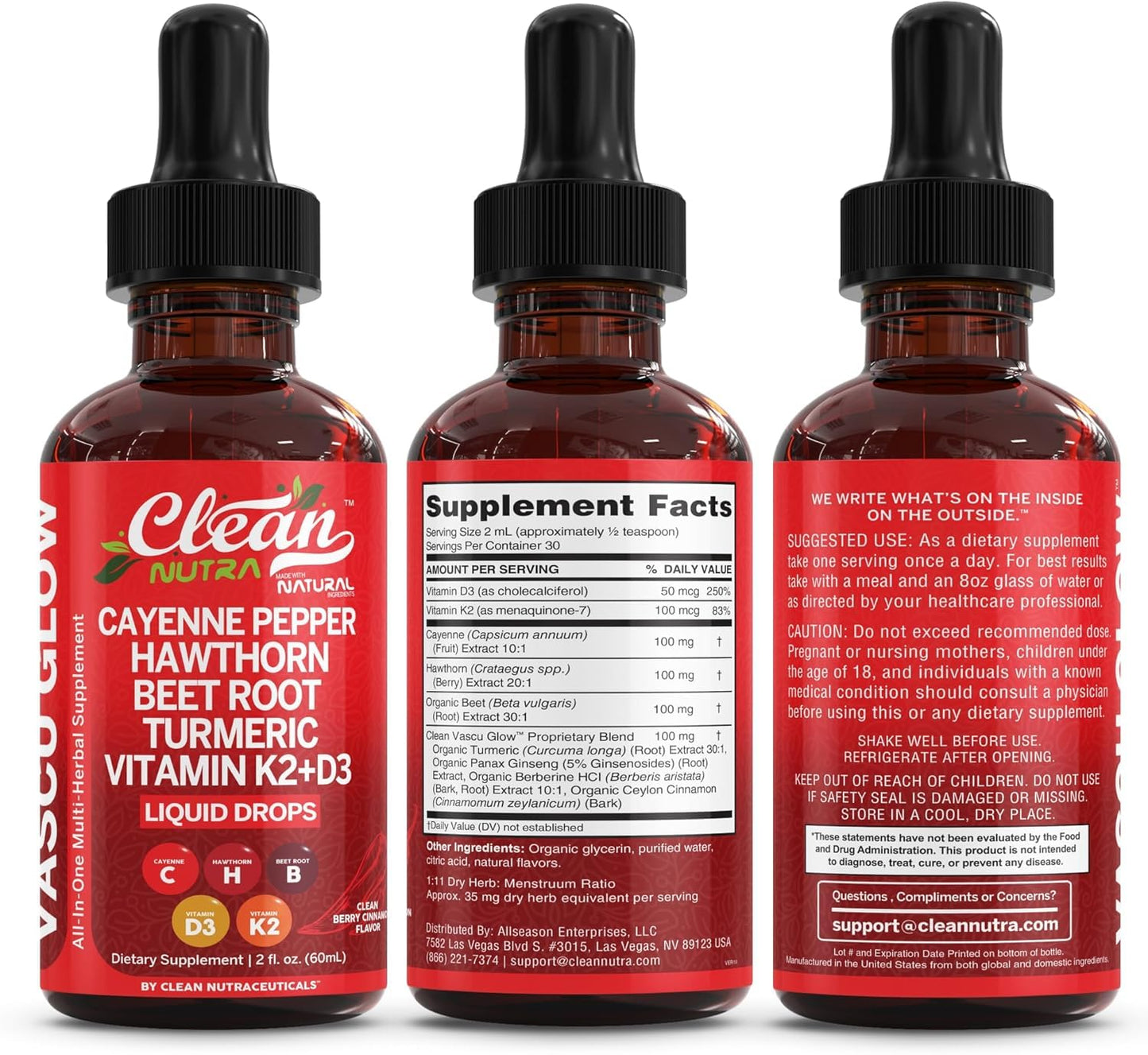 Clean Nutra Cayenne Pepper Drops Supplement Liquid + Hawthorn Berry, Vitamin D3 K2 Beet Root Powder, Ceylon Cinnamon, Turmeric Curcumin - Maple Wellness Supplements