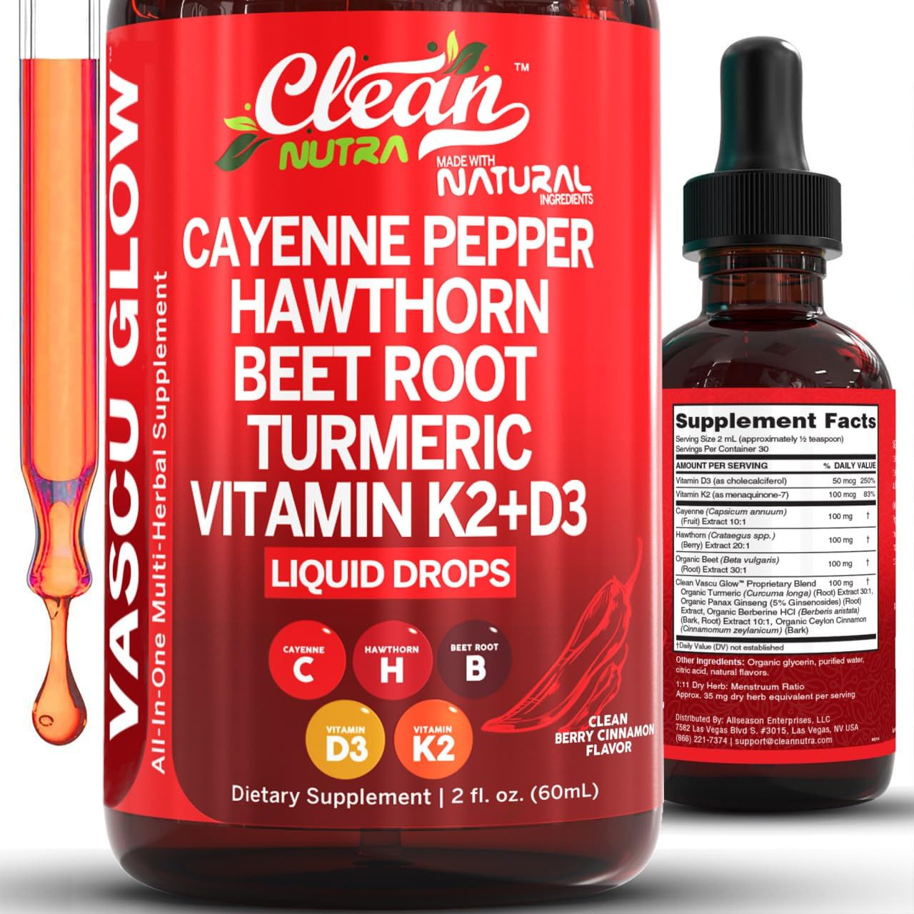 Clean Nutra Cayenne Pepper Drops Supplement Liquid + Hawthorn Berry, Vitamin D3 K2 Beet Root Powder, Ceylon Cinnamon, Turmeric Curcumin - Maple Wellness Supplements