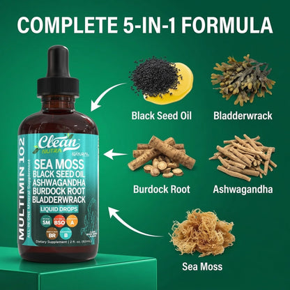 Clean Nutra Organic Sea Moss Drops Supplement | Black Seed Oil Irish Seamoss Ashwagandha Burdock Root & Bladderwrack - Multimineral Liquid Vegan - Maple Wellness Supplements