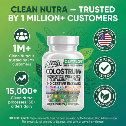 Clean Nutraceuticals Colostrum Supplement Capsules Probiotics Pills Prebiotics, L-Glutamine, Digestive Enzymes, Folate, Fiber, ACV, Turmeric, Apple Pectin and Turmeric Pills - Maple Wellness Supplements