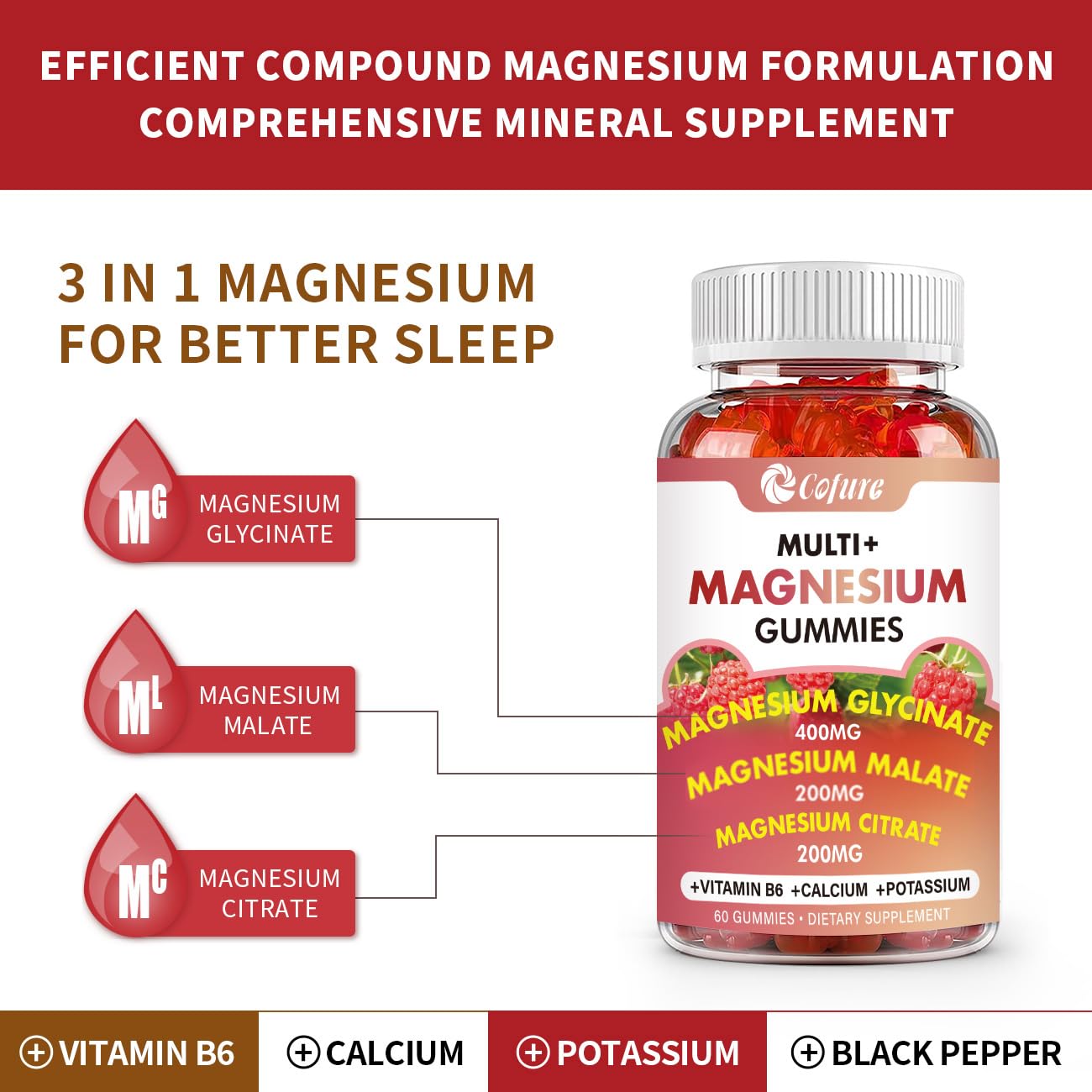 Cofure Triple Magnesium Complex 900 mg, Magnesium Glycinate, Citrate, Malate with Potassium, Calcium, Vitamin B6 for Calm & Sleep - Vegan, Non-GMO, Gluten Free - 120 Raspberry Gummies for Adults - Maple Wellness Supplements