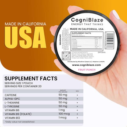 CogniBlaze Caffeine Pouches (Fruit Punch) | Nootropic Energy Pouches with 50mg Caffeine, Alpha GPC, L-Tyrosine & L-Theanine | Zero Sugar | No Artificial Sweeteners | 4 Pack (80 Total) - Maple Wellness Supplements