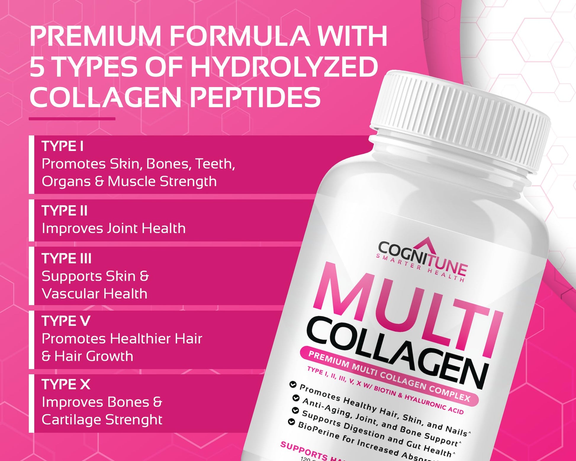 CogniTune Multi Collagen Peptides for Women with Biotin, Hyaluronic Acid, Vitamin C - 5 Types I II III V X Colageno Hidrolizado - 2000mg Hair Skin Nails Joints Support - 120 Capsules - Maple Wellness Supplements