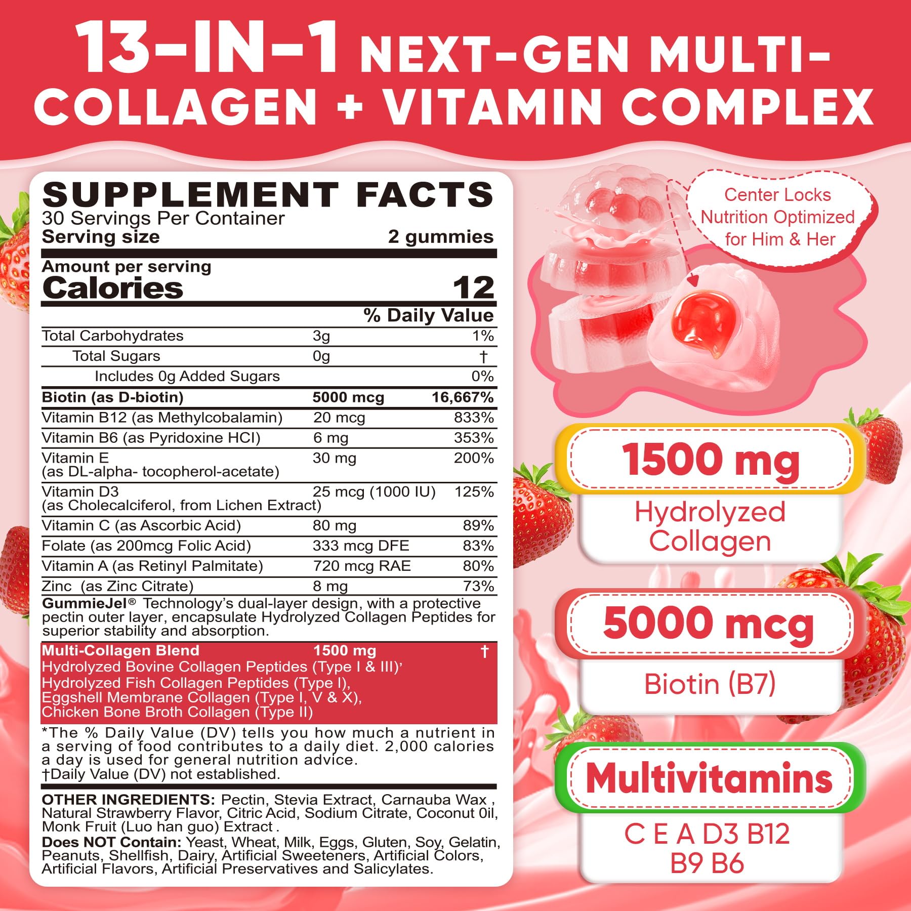 Collagen Peptide Gummies for Women & Men Sugar-Free, Multi Collagen Hydrolyzed w/ 1500mg Protein Type I,II,III,V,X, 5000mcg Biotin, Methylated B12, Vitamin C A E D3 B6 - Maple Wellness Supplements