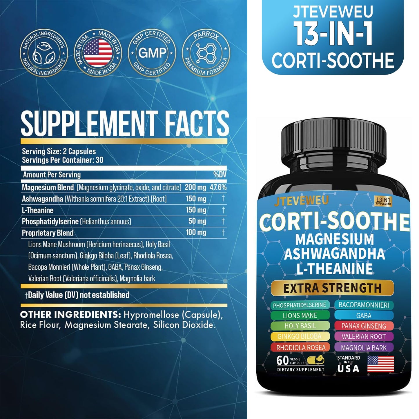 Corti-Soothe Cortisol Supplement for Women and Men with Magnesium Glycinate 200mg, L-Theanine 150mg, Phosphatidylserine 50mg & Manager Holy Basil Ginkgo Biloba Bacopa Monnieri Valerian 60 Capsules - Maple Wellness Supplements