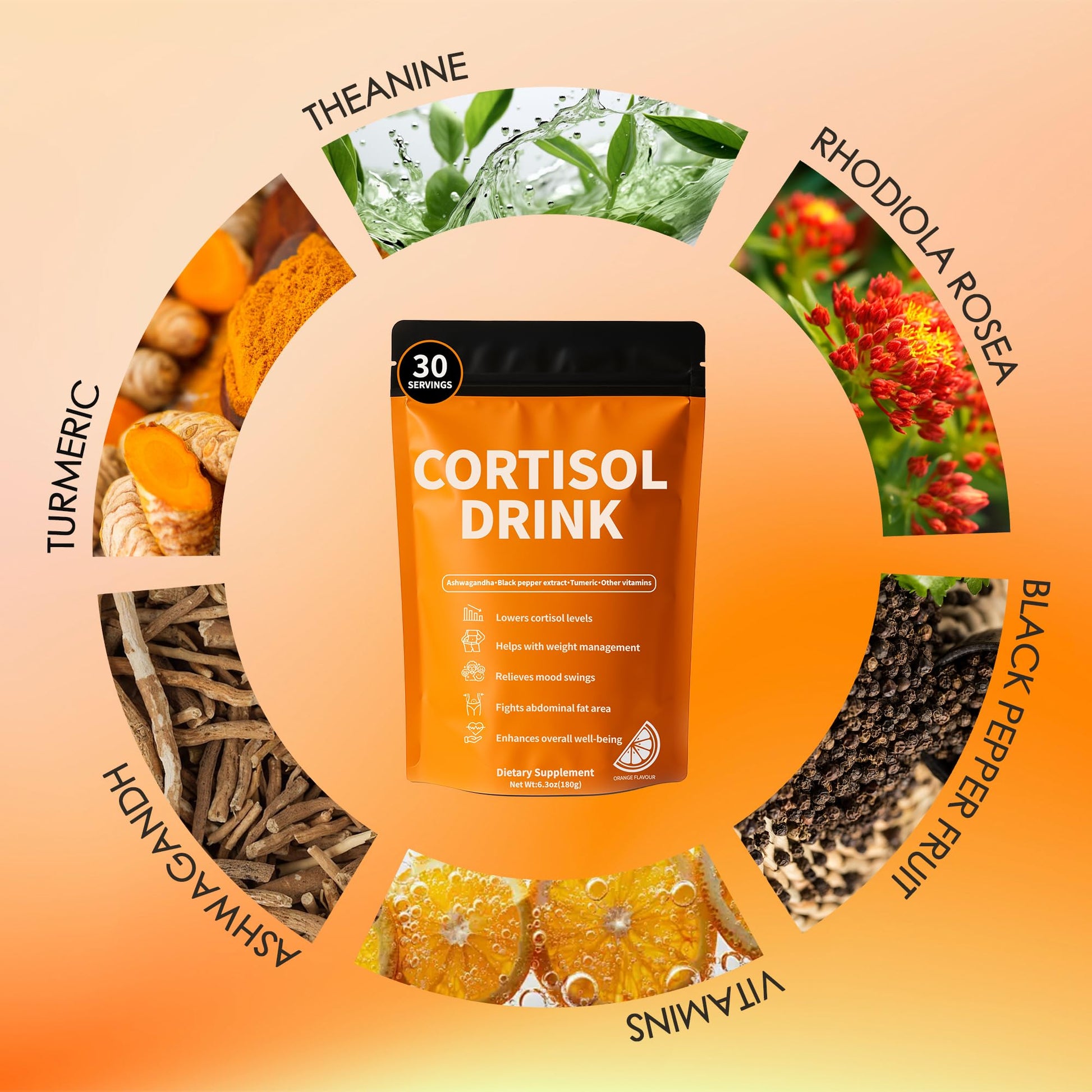 Cortisol Drink Powder - Natural Cortisol Supplements for Ashwagandha, L-Theanine, Turmeric Root, Black Pepper Extract, Relaxation, Focus, Mental Clarity - Maple Wellness Supplements