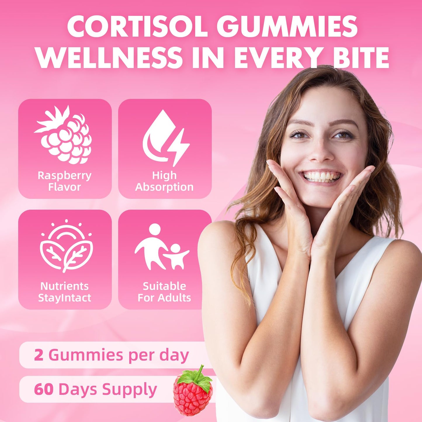 Cortisol Gummies for Women, Cortisol Supplements Gummies with Magnesium Ashwagandha Rhodiola Rosea and L-theanine Complex for Relaxation and Focus, Zzz Support, Raspberry Flavor, 60 Count - Maple Wellness Supplements