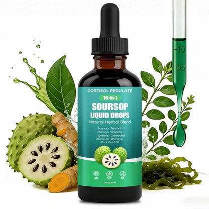 CORTISOL REGULATE Soursop Liquid Drops, 10-in-1 Blend with Sea Moss, Moringa, Turmeric, Black Seed Oil, Oregano, and More, 2 fl oz (1 Pack) - Maple Wellness Supplements