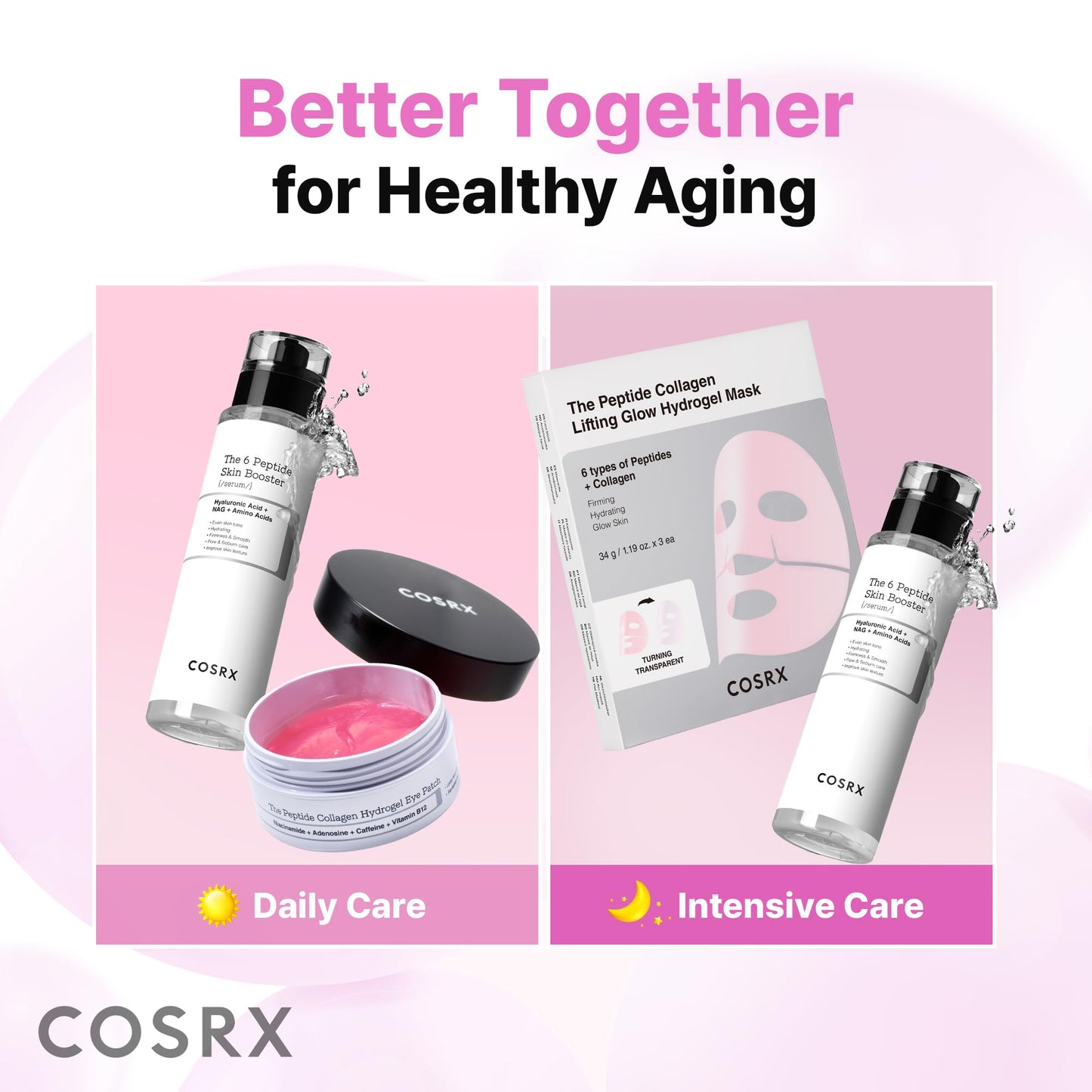 COSRX Pink Peptides Collagen Hydrogel Eye Patch for Puffy Eyes and Dark Circles, Under Eye Mask, 60 Under Eye Patches, Korean Skin Care - Maple Wellness Supplements