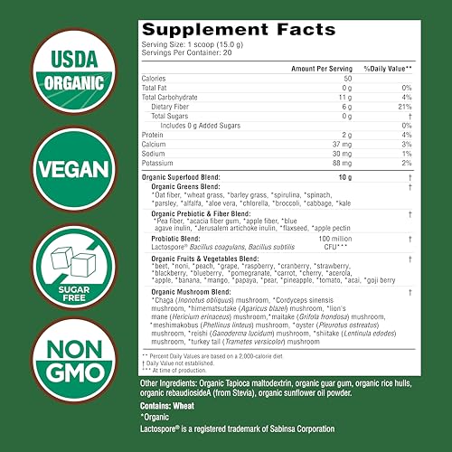 Country Farms Organic Super Greens Natural Flavor, 50 Organic Super Foods, Packed with Fiber, USDA Organic Drink Mix, Fruits, Vegetables, Mushrooms & Probiotics - Maple Wellness Supplements