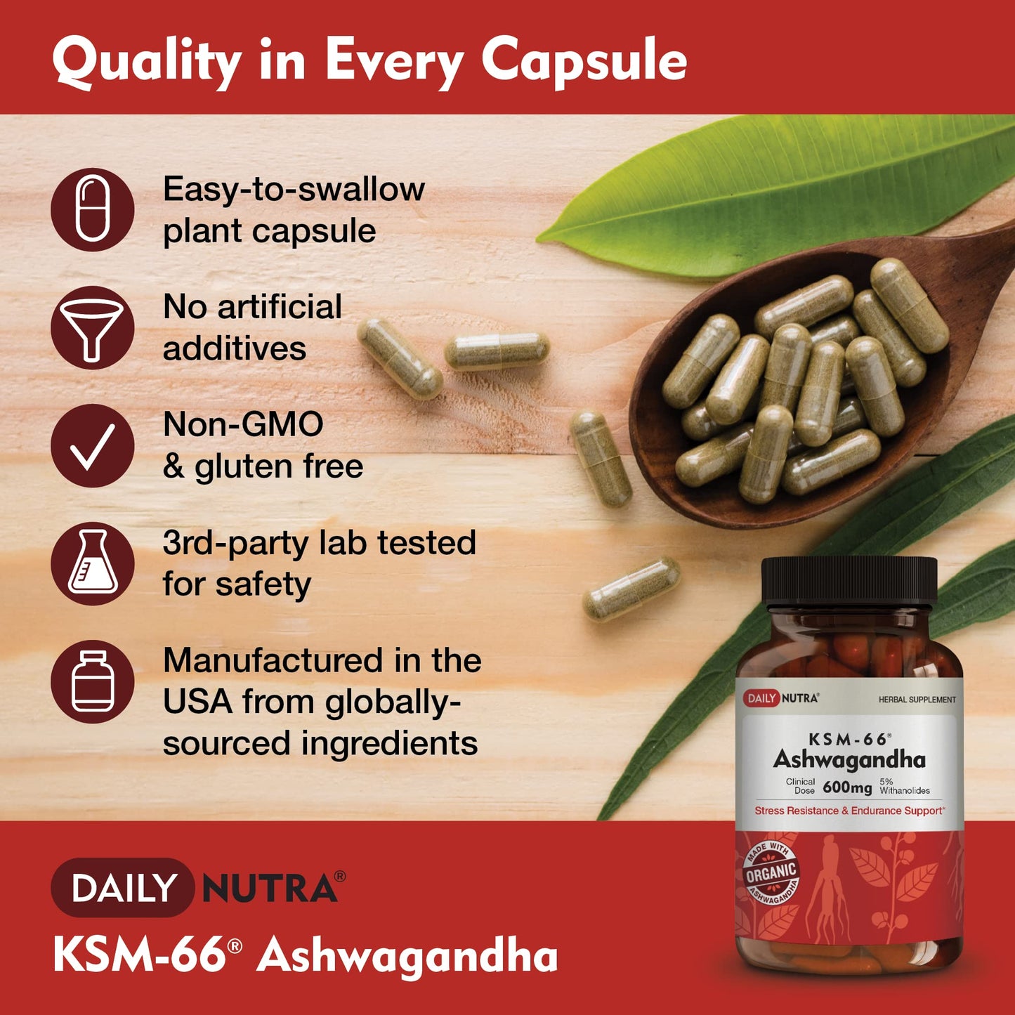 DailyNutra KSM-66 Ashwagandha 600mg Organic Root Extract - High Potency Supplement with 5% Withanolides | Relieves Tiredness, Supports Relaxation, Focus, Energy, & Muscle Growth (90 Capsules) - Maple Wellness Supplements