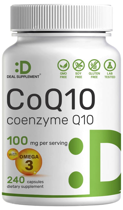 DEAL SUPPLEMENT CoQ10 100mg with Omega 3 100mg, 240 Capsules | Bioavailable Coenzyme Q10 Formula | Non-GMO - Maple Wellness Supplements