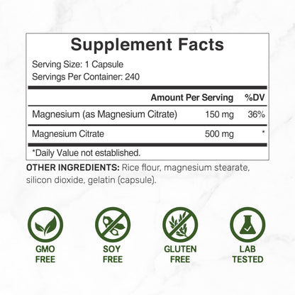 DEAL SUPPLEMENT Magnesium Citrate 500mg, 240 Capsules | Easily Absorbed, Purified Trace Mineral – One a Day, Non-GMO - Maple Wellness Supplements