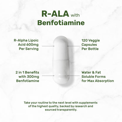DEAL SUPPLEMENT R Alpha Lipoic Acid 600mg with Benfotiamine 300mg Per Serving, 120 Veggie Capsules – 200mg R-ALA Per Capsule – Antioxidant Supplement - Maple Wellness Supplements