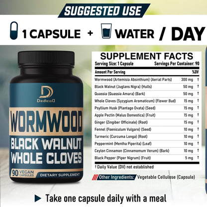 DEDICAD 12in1 Wormwood Black Walnut Clove Capsules - Immune, and Mood Support - 3 Month Supply - 90 Vegan Capsules - Maple Wellness Supplements