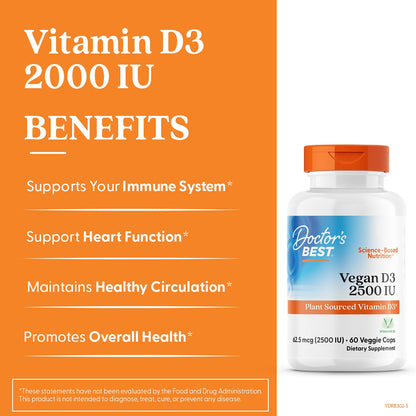 Doctors Best Vegan Vitamin D3 2500 IU Veg Caps - Vegan Vitamin D Supplement for Men & Women, Helps Support Calcium Absorption, Heart Health & Immune Support, - Maple Wellness Supplements