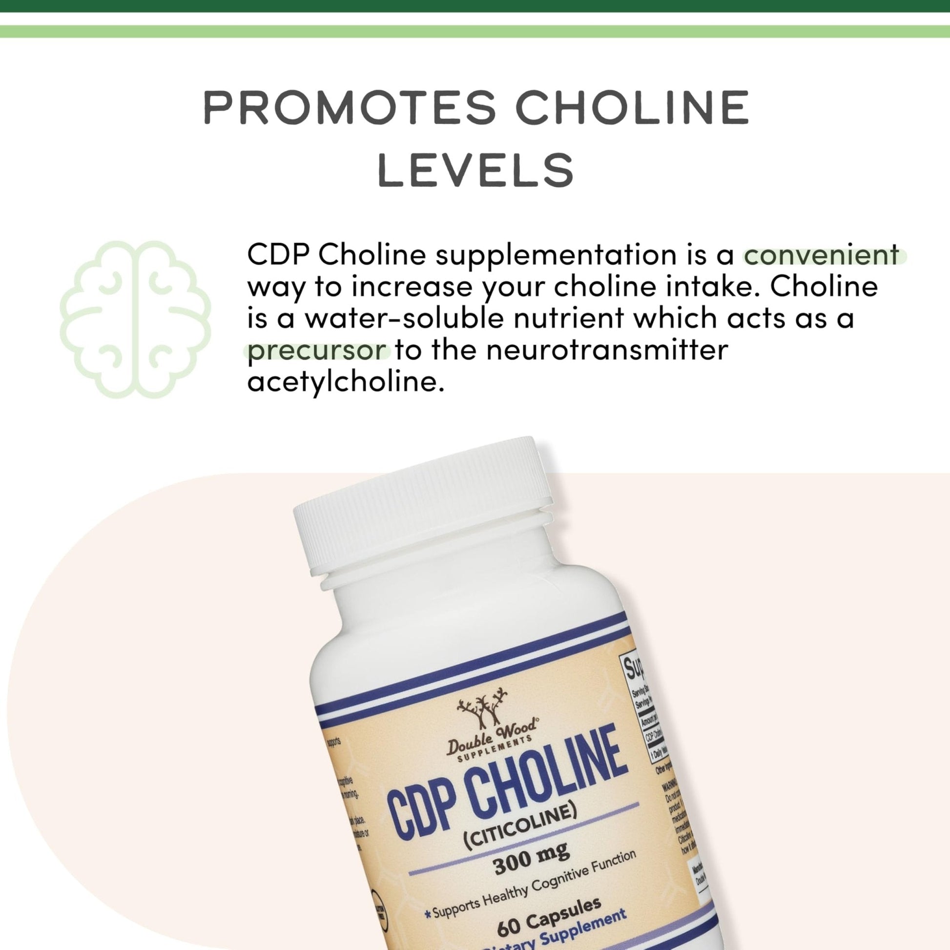 Double Wood Supplements CDP Choline (Citicoline) Supplement, Pharmaceutical Grade, Third Party Tested (60 Capsules 300mg) - Maple Wellness Supplements
