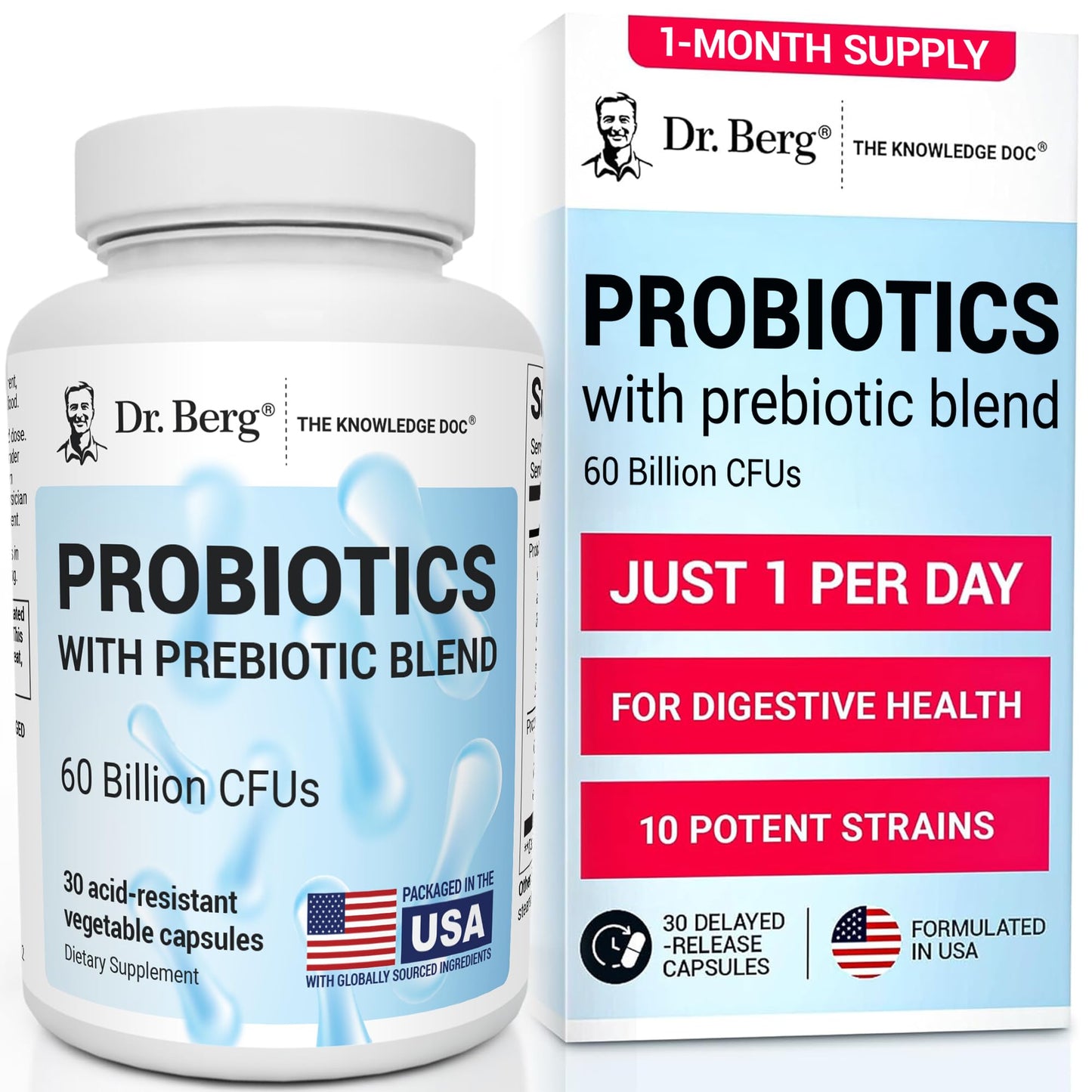 Dr. Berg Probiotic Supplement (60 Billion CFUs) - Helps Ease Occasional Constipation, Diarrhea, Gas & Bloating* - Pre and Probiotics for Digestive Health - 30 Probiotic Capsules - Maple Wellness Supplements