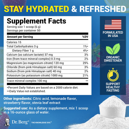 Dr. Berg Zero Sugar Hydration Keto Electrolyte Powder - Enhanced w/ 1000 mg of Potassium & Real Pink Himalayan Salt (NOT Table Salt) - Strawberry Lemonade Hydration Drink Supplement - 50 Servings - Maple Wellness Supplements