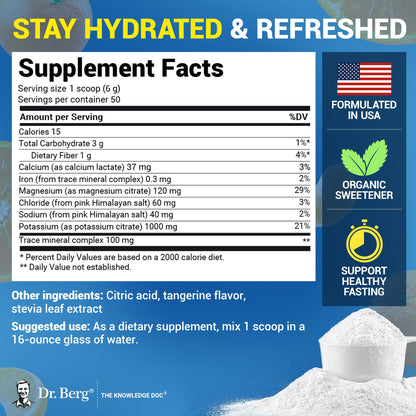 Dr. Berg Zero Sugar Hydration Keto Electrolyte Powder - Enhanced w/ 1000 mg of Potassium & Real Pink Himalayan Salt (NOT Table Salt) - Tangerine Flavor Hydration Drink Mix Supplement - 50 Servings - Maple Wellness Supplements