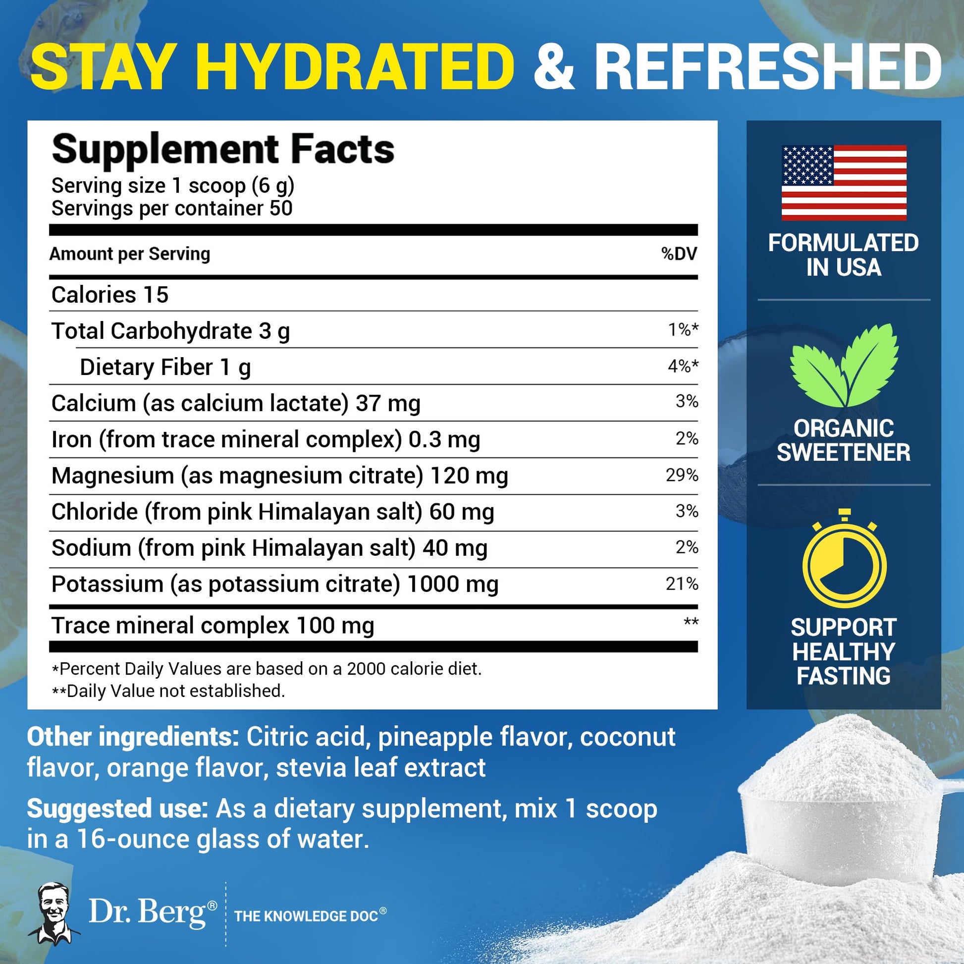 Dr. Berg Zero Sugar Hydration Keto Electrolyte Powder - Enhanced w/ 1000 mg of Potassium & Real Pink Himalayan Salt (NOT Table Salt) - Tropical Coconut - Maple Wellness Supplements