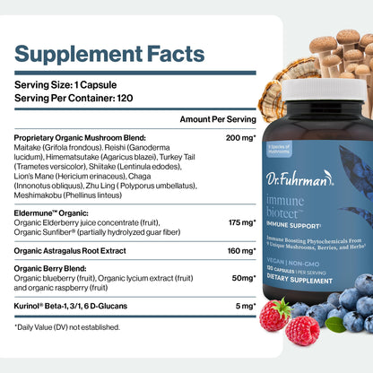 Dr. Fuhrman All Natural Immune Support Supplement | Whole-Food Derived Vitamin for Immunity Defense | Organic Mushrooms, & Berries | Organic Lion’s Mane, Maitake, Reishi, and Elderberry | 120 Caps - Maple Wellness Supplements
