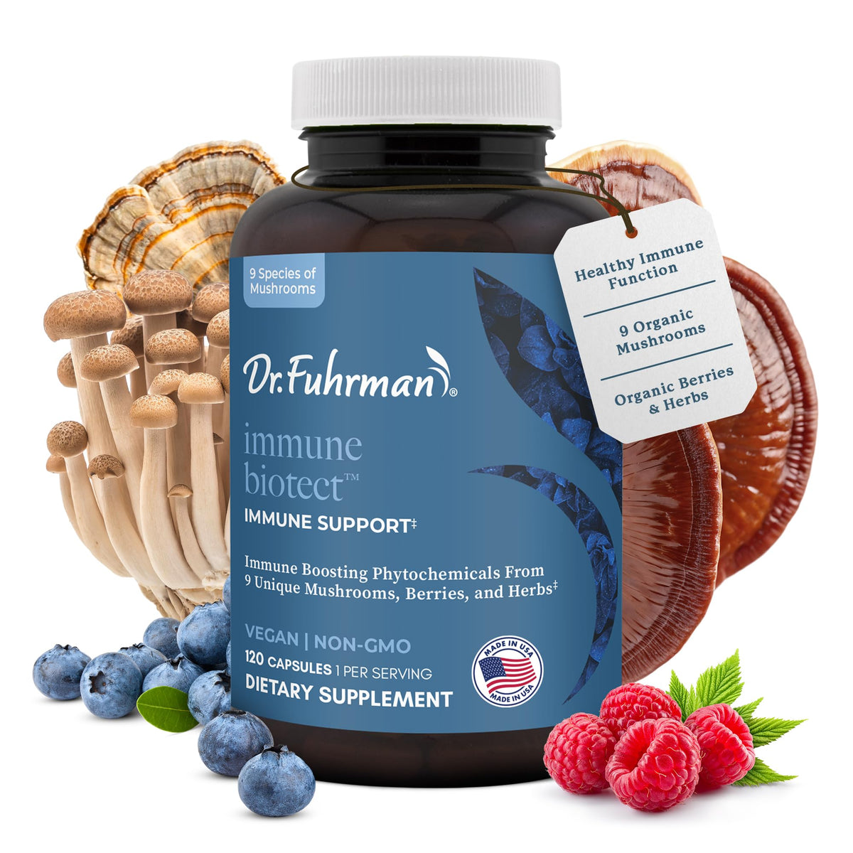 Dr. Fuhrman All Natural Immune Support Supplement | Whole-Food Derived Vitamin for Immunity Defense | Organic Mushrooms, & Berries | Organic Lion’s Mane, Maitake, Reishi, and Elderberry | 120 Caps - Maple Wellness Supplements