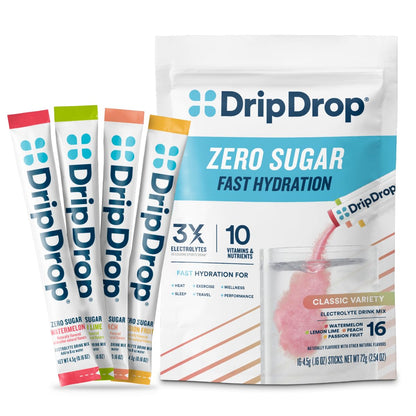 DripDrop Sugar Free Hydration Packets - Zero Classic Variety Pack - Single Serve Electrolytes Powder Drink Mix - Lemon Lime, Watermelon, Peach, Passion Fruit - Maple Wellness Supplements