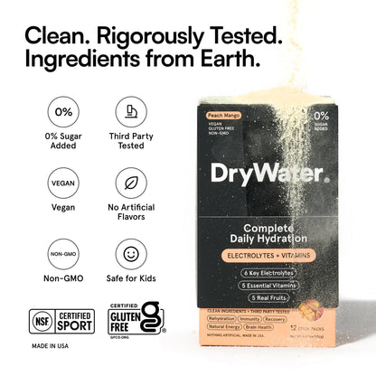 DryWater Electrolyte Powder Packets, Peach Mango - Hydration Packets Drink Mix with Zero Added Sugar for Rehydration & Energy - 6 Key Electrolytes - Maple Wellness Supplements