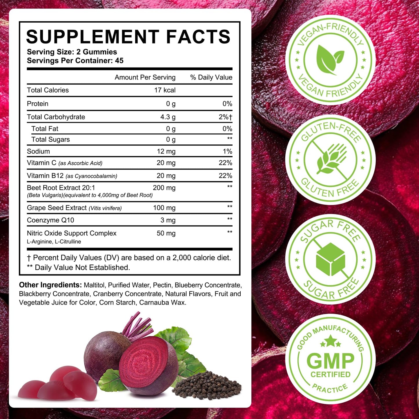 ECHTEYUN Super Beetroot Gummies, 8 in 1 Beet Root 4,000mg with Grape Seed Extract & CoQ10, Sugar Free - 90 Count (1) - Maple Wellness Supplements