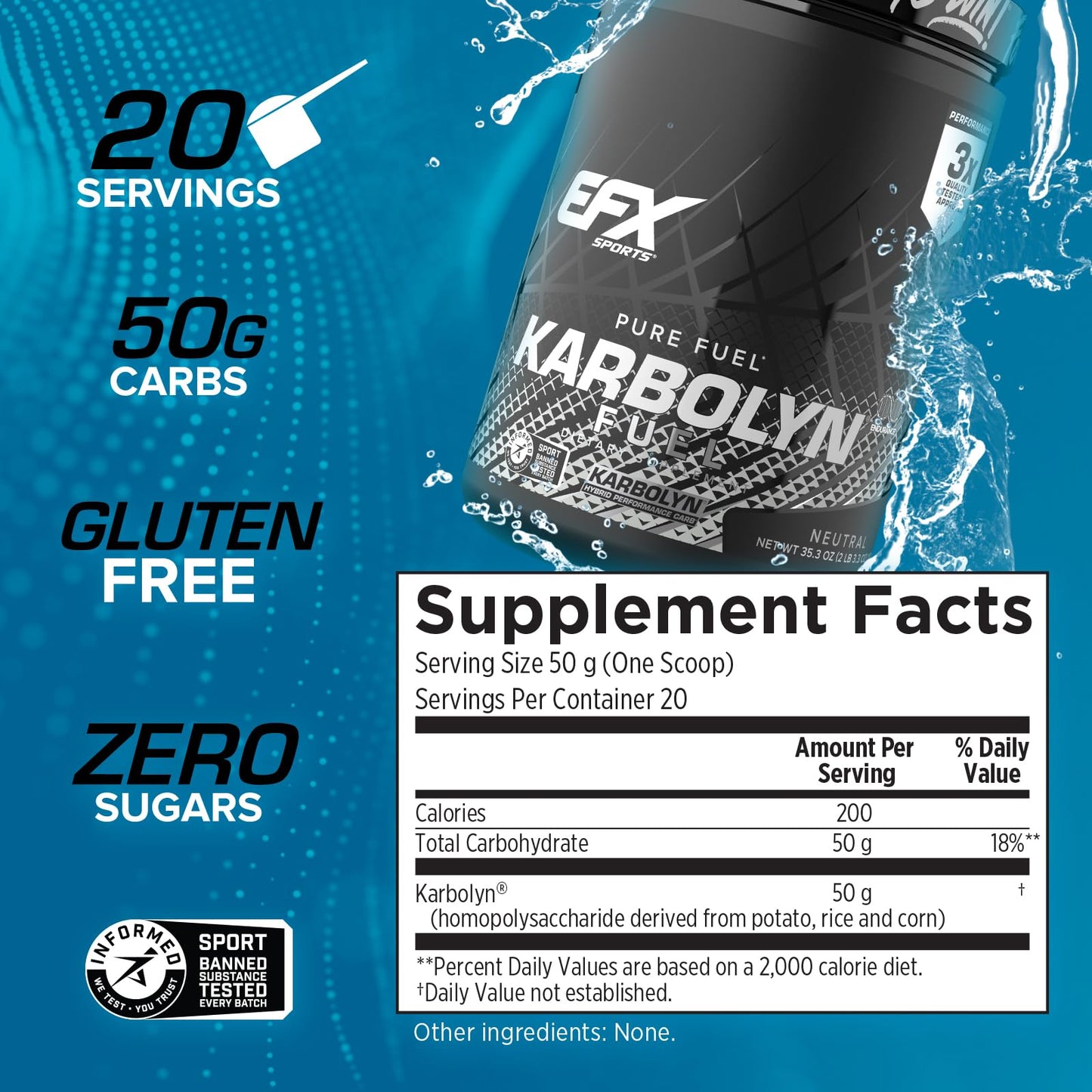EFX Sports Karbolyn Fuel | Fast-Absorbing Carbohydrate Powder | Carb Load, Sustained Energy, Quick Recovery | Stimulant Free | 20 Servings (Neutral) - Maple Wellness Supplements