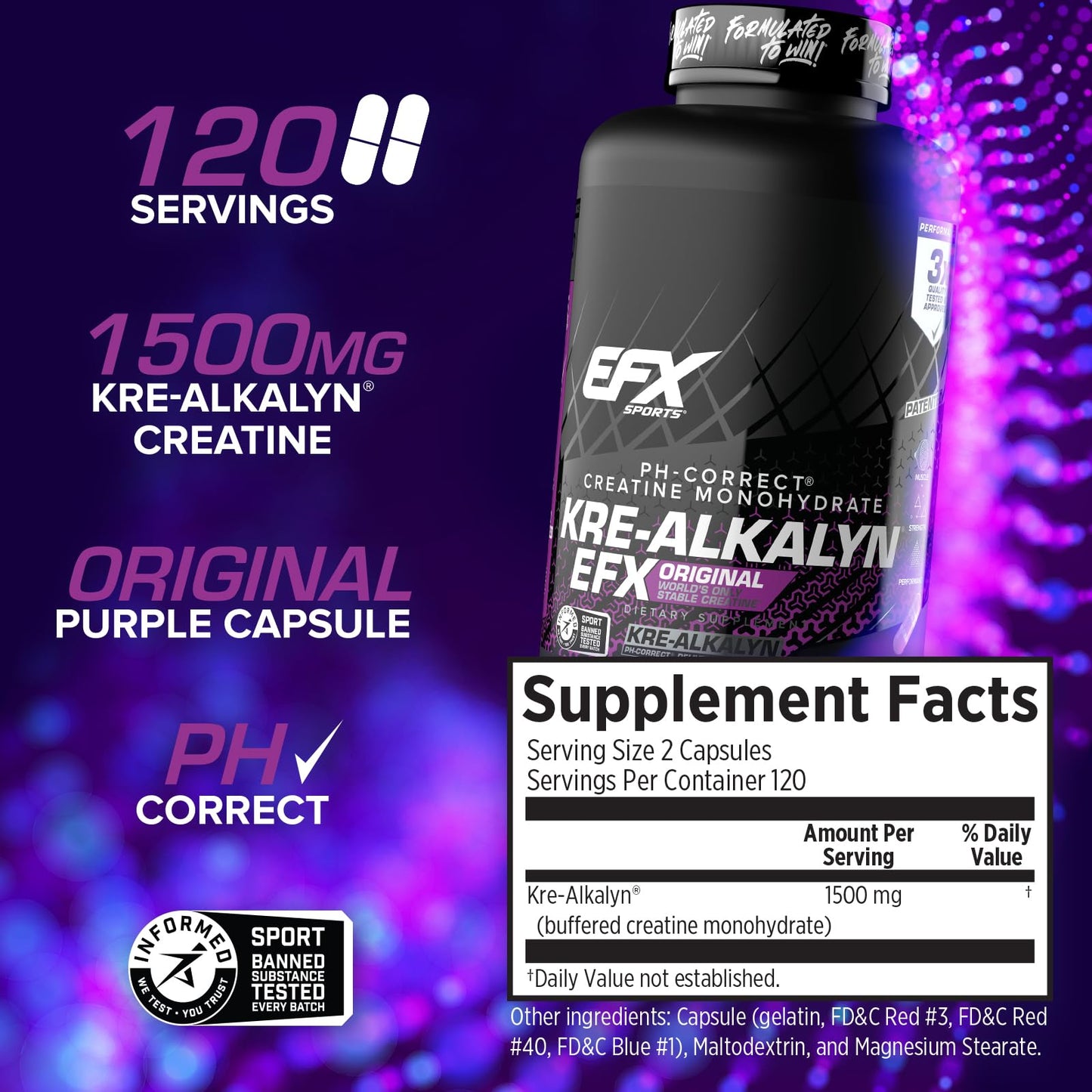 EFX Sports Kre-Alkalyn EFX | pH Correct Creatine Monohydrate Pill Supplement | Strength, Muscle Growth & Performance | 120 Servings, 240 Capsules - Maple Wellness Supplements