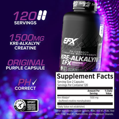 EFX Sports Kre-Alkalyn EFX | pH Correct Creatine Monohydrate Pill Supplement | Strength, Muscle Growth & Performance | 120 Servings, 240 Capsules - Maple Wellness Supplements