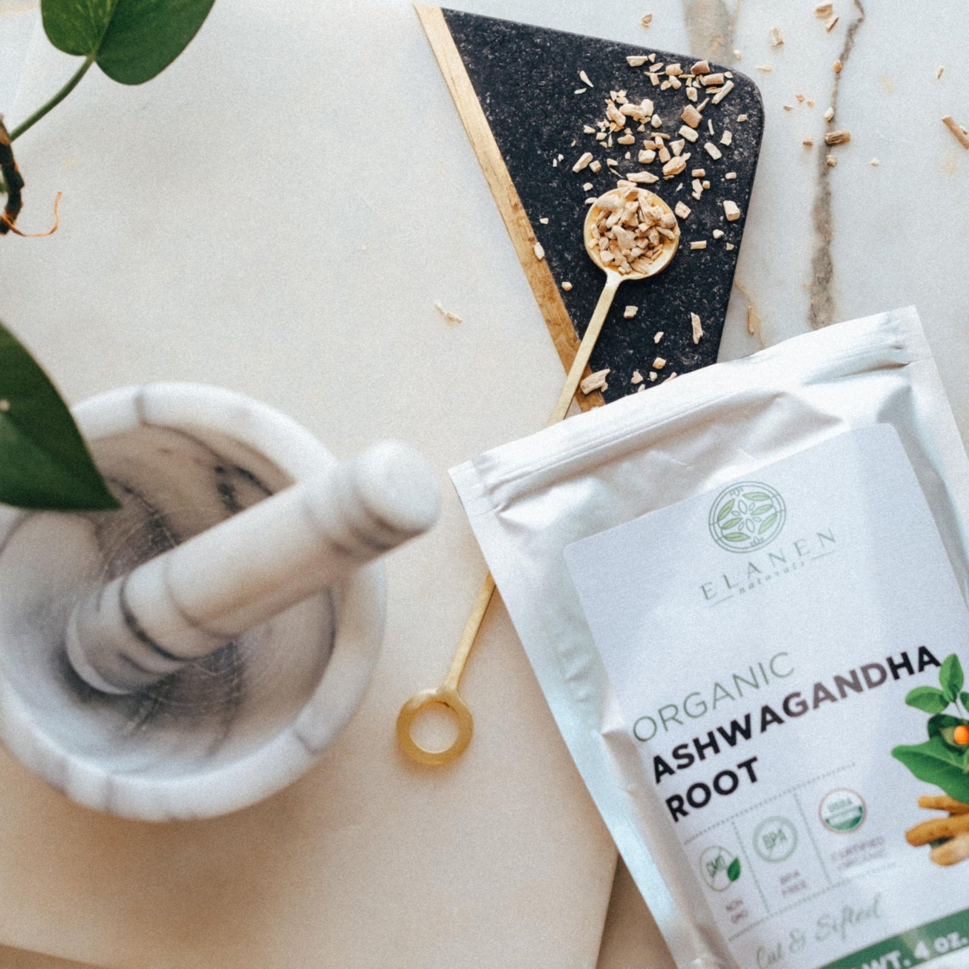 Elanen Naturals Organic Ashwagandha Root 4 oz. (113g), USDA Certified Organic Ashwagandha Root Loose Leaf Tea, Dried Withania somnifera, Cut & Sifted - Maple Wellness Supplements