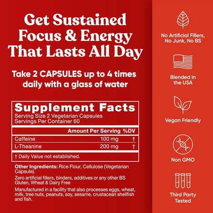 Eu Natural Elite Caffeine Pills with L-Theanine - 100mg Caffeine + 200mg L-Theanine - Jitter-Free Focused Energy & Clean Nootropic Stack - 240 Soft Capsules - Maple Wellness Supplements