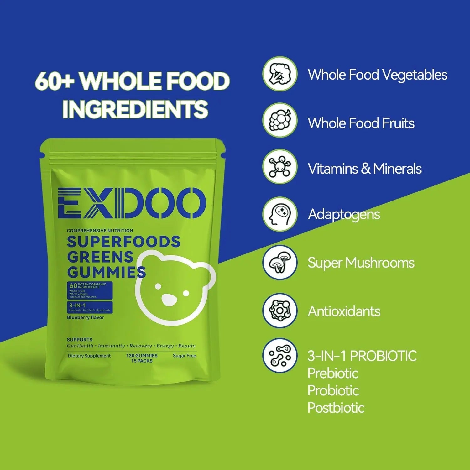 exdoo Super Greens Fiber Gummies Multivitamin Superfood Gummy with Spirulina Chlorella Prebiotic Probiotic Postbiotic for Digestive Health Supplement 15 Packs 120 Gummies - Maple Wellness Supplements