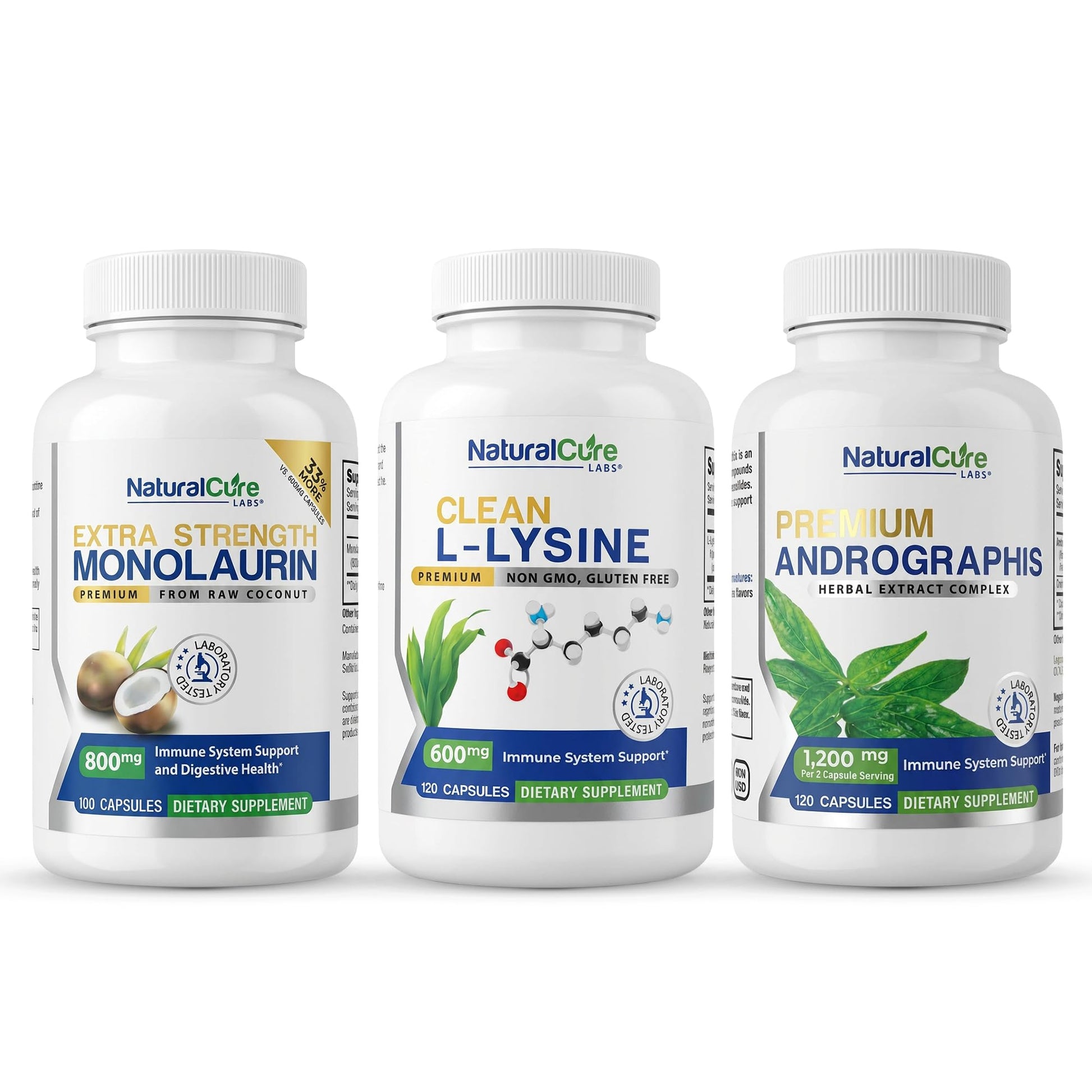 Extra Strength Stack: Monolaurin 800mg + Clean L-Lysine 600mg + Andrographis, Advanced Immune Support Routine Bundle - Maple Wellness Supplements