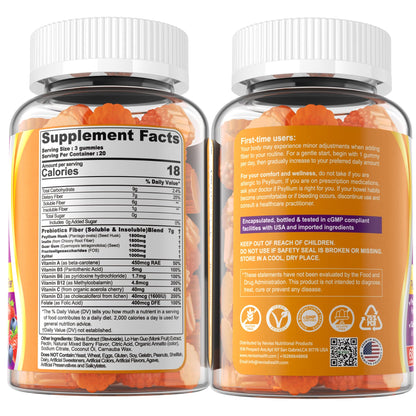 Fiber Gummies for Adults with Psyllium Husk, 7G(Soluble + Insoluble) Daily Prebiotic Fiber with Inulin, FOS, Guar Gum, Multivitamins for Daily Digestive Health, - Maple Wellness Supplements