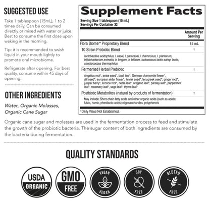 Flora Biome - Live Probiotic, Prebiotic, & Postbiotic – Organic Live-Culture – 10 Probiotic Strains, 18 Fermented Herbs - Complete Gut Health & Microbiome Optimizer (16 oz) - Maple Wellness Supplements