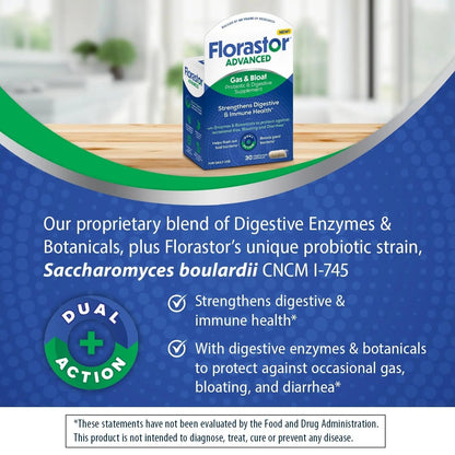 Florastor Advanced Gas and Bloat Probiotic, Digestive Enzymes and Botanicals, Plus Probiotics for Digestive Health, 30 Capsules - Maple Wellness Supplements