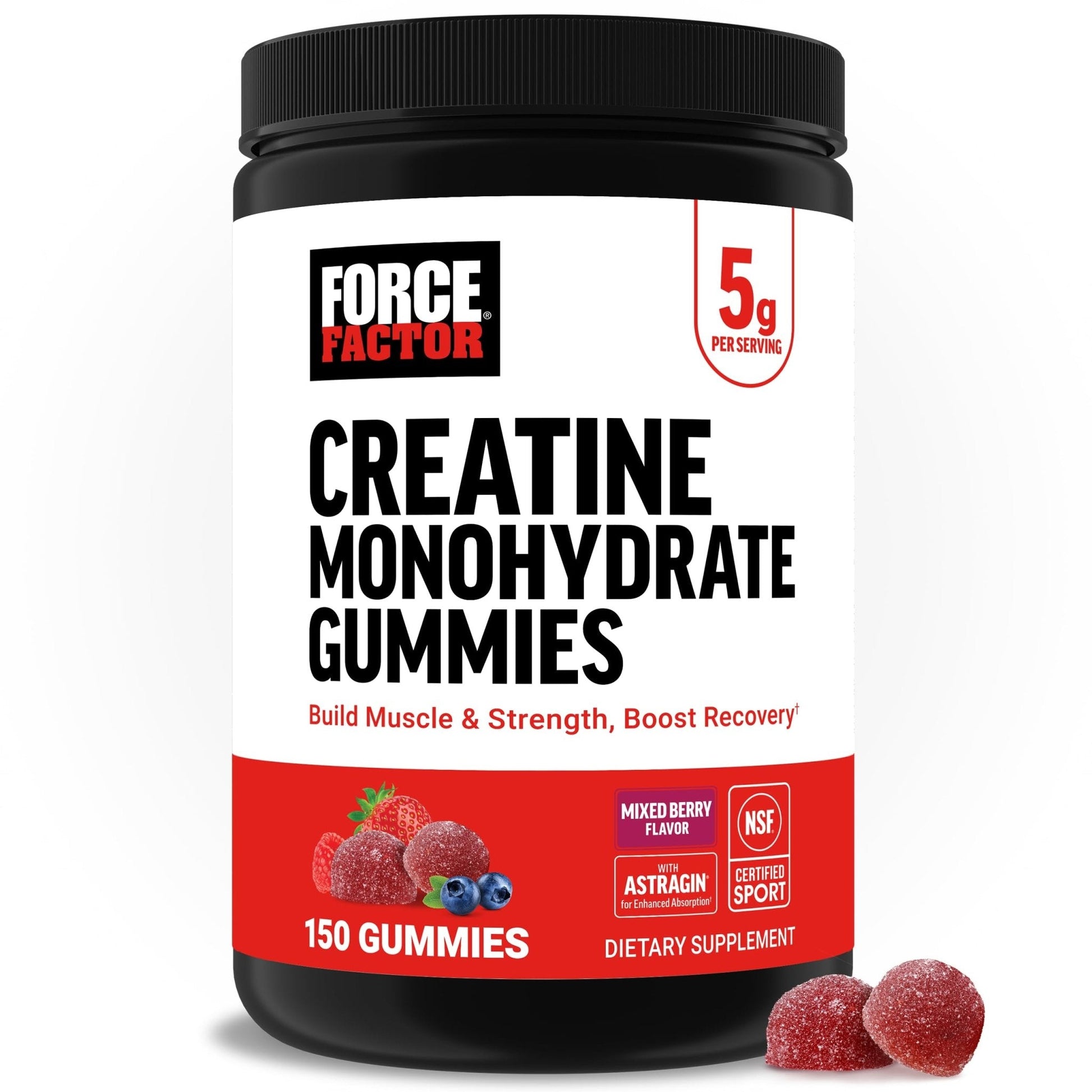Force Factor Creatine Monohydrate Gummies, NSF Certified, 5g Dose for Men & Women to Support Muscle, Strength, Recovery, Cognitive Health & Memory, Mixed Berry, 150 Gummies - Maple Wellness Supplements