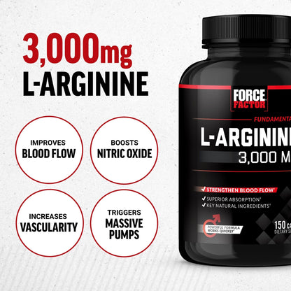 Force Factor L-Arginine Nitric Oxide Supplement with BioPerine to Help Build Muscle and Support Stronger Blood Flow, Circulation, Nutrient Delivery - Maple Wellness Supplements