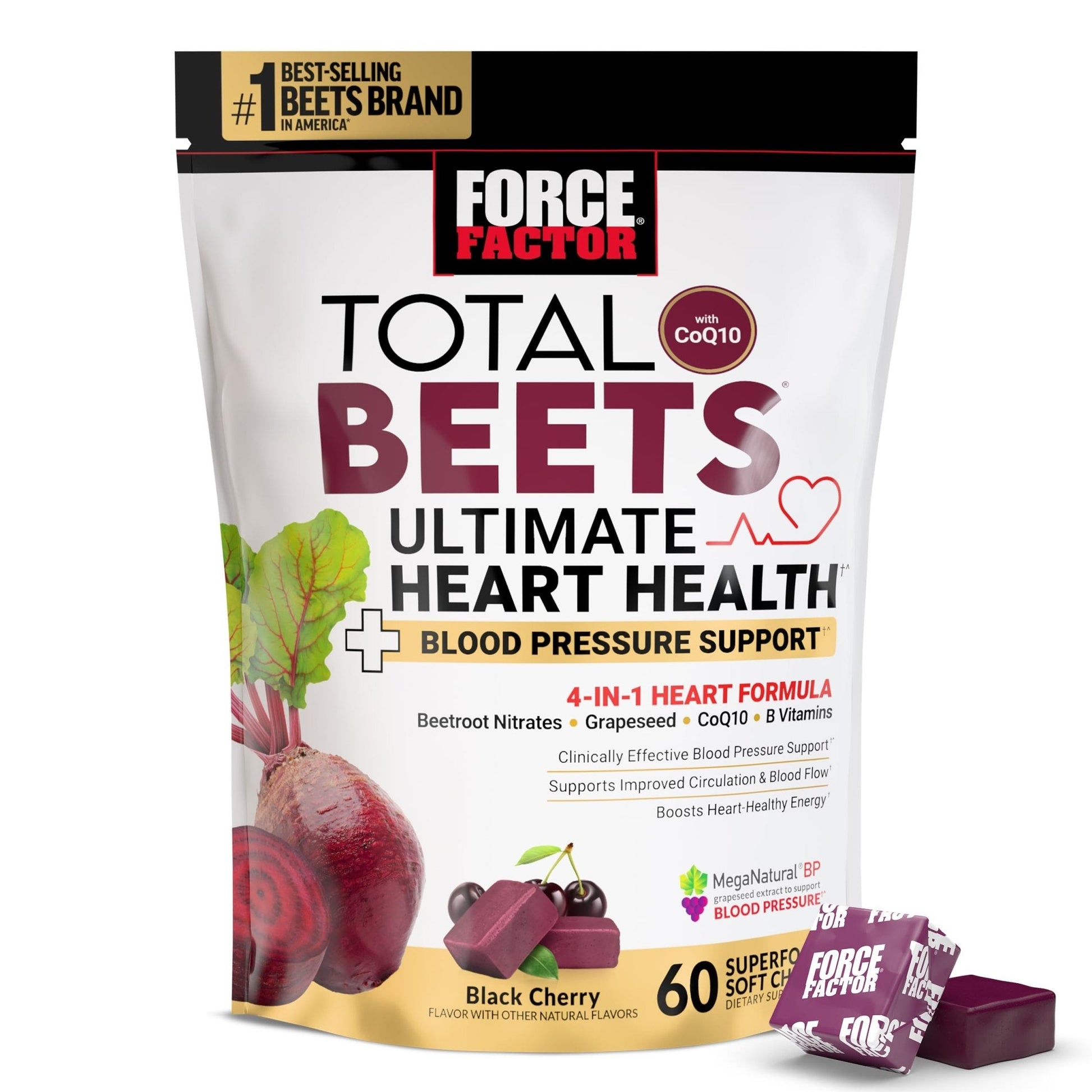Force Factor Total Beets Ultimate Heart Health Chews for Blood Pressure Support, with Beetroot Powder, CoQ10, B Vitamins & Grapeseed Extract for Blood Flow - Maple Wellness Supplements