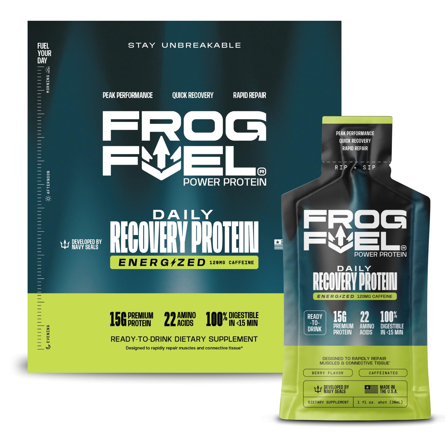 Frog Fuel Power Energized Complete Protein Shot, 15g, Nano Hydrolyzed & Grass Fed, 80mg Caffeine, Gluten Free, Fat & Sugar Free, 22 Amino Acids, - Maple Wellness Supplements