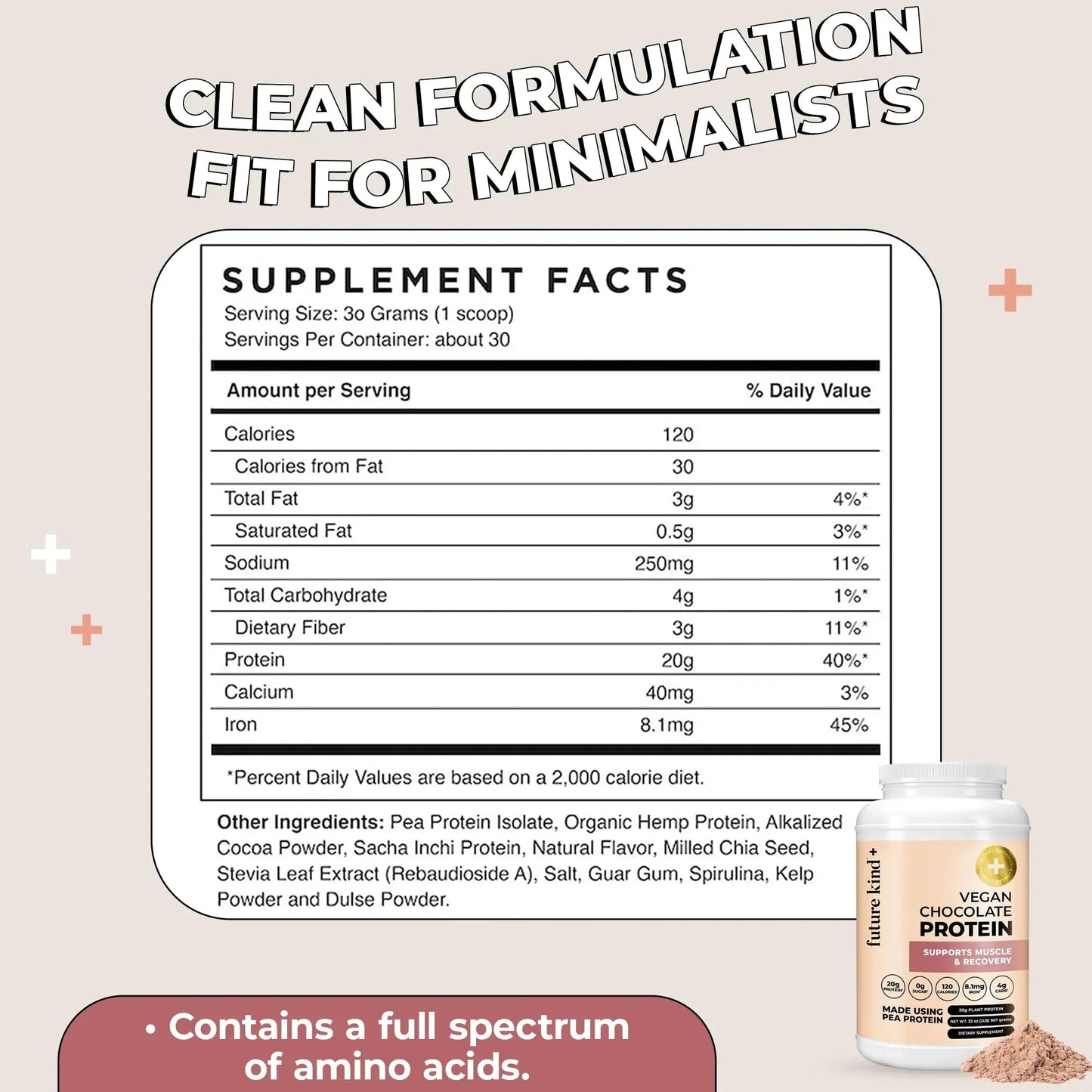Future Kind Vegan Protein Powder, Chocolate, Pea Plant Protein for Lean Muscle with Iron & Fiber, Whey-Free, Sugar-Free, Soy-Free, Non-Dairy (34 Servings) - Maple Wellness Supplements